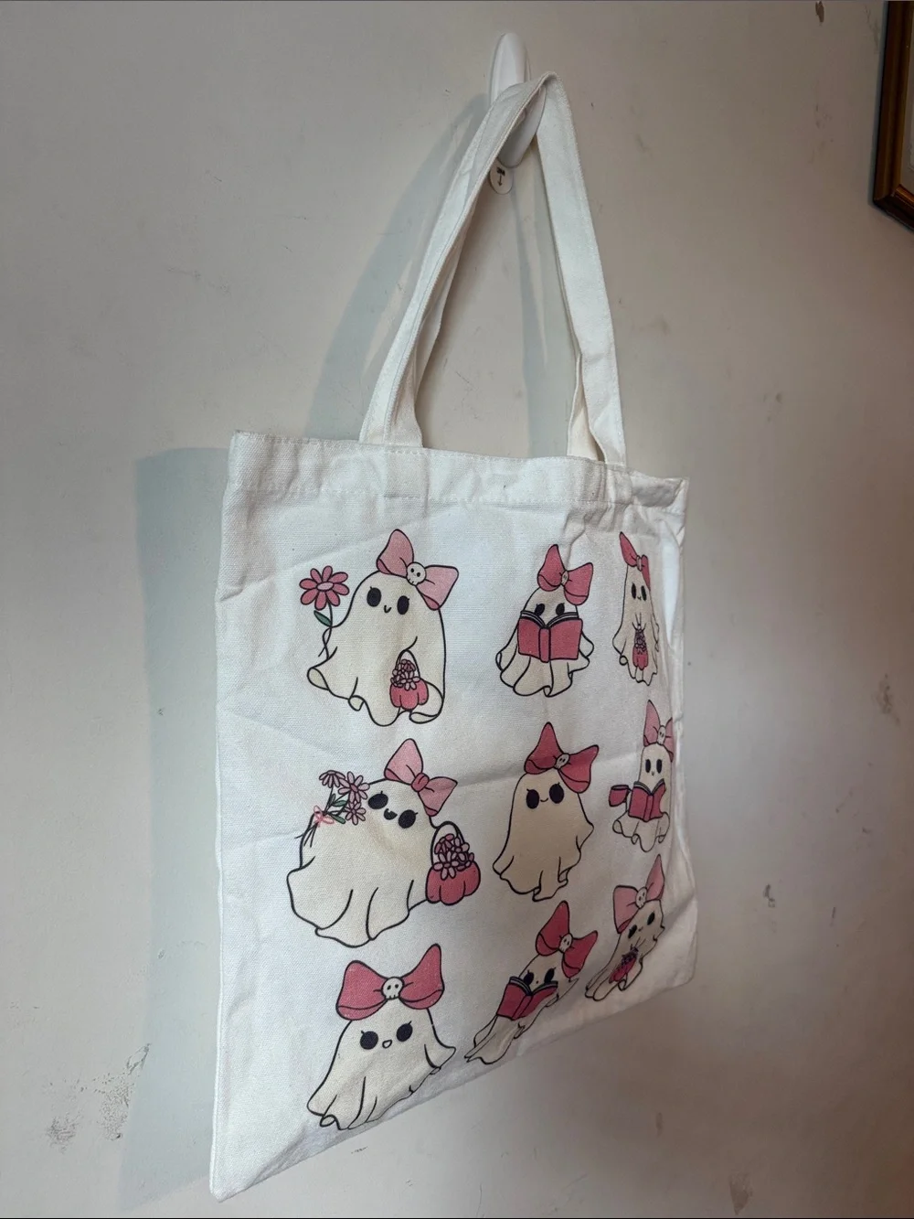 Cute Ghosts Canvas Tote Bag with Pink Bows